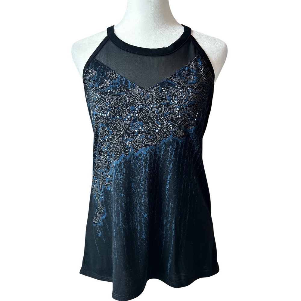 Harley-Davidson Black Blue Rhinestone Bling Mesh Racerback Tank Top Size Small